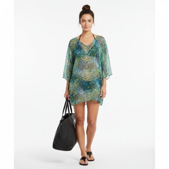 Bitter Apple Green & Blue Print Sheer Swim Bathing Suit Cover Up Dress L - Picture 7 of 8